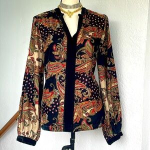 Soft Surroundings Multi Jewel tone Velvet Shirt with‎ VNeck long Sleeve Medium